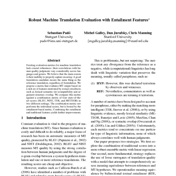 Robust Machine Translation Evaluation With Entailment Features